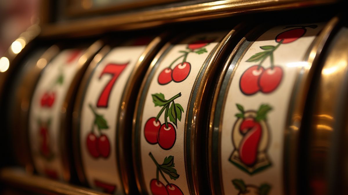 Carretes de tragamonedas vintage com símbolos clássicos como cerejas e campanas.