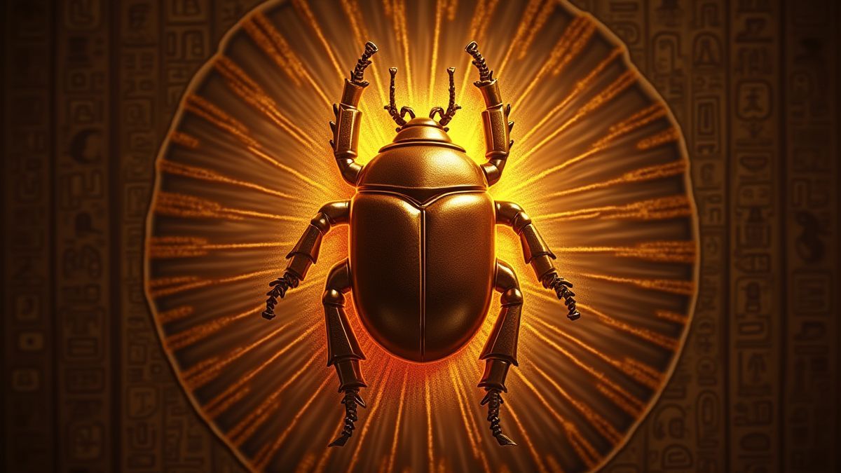 Un escarabajo dorado brillando sobre un fondo de jeroglíficos.