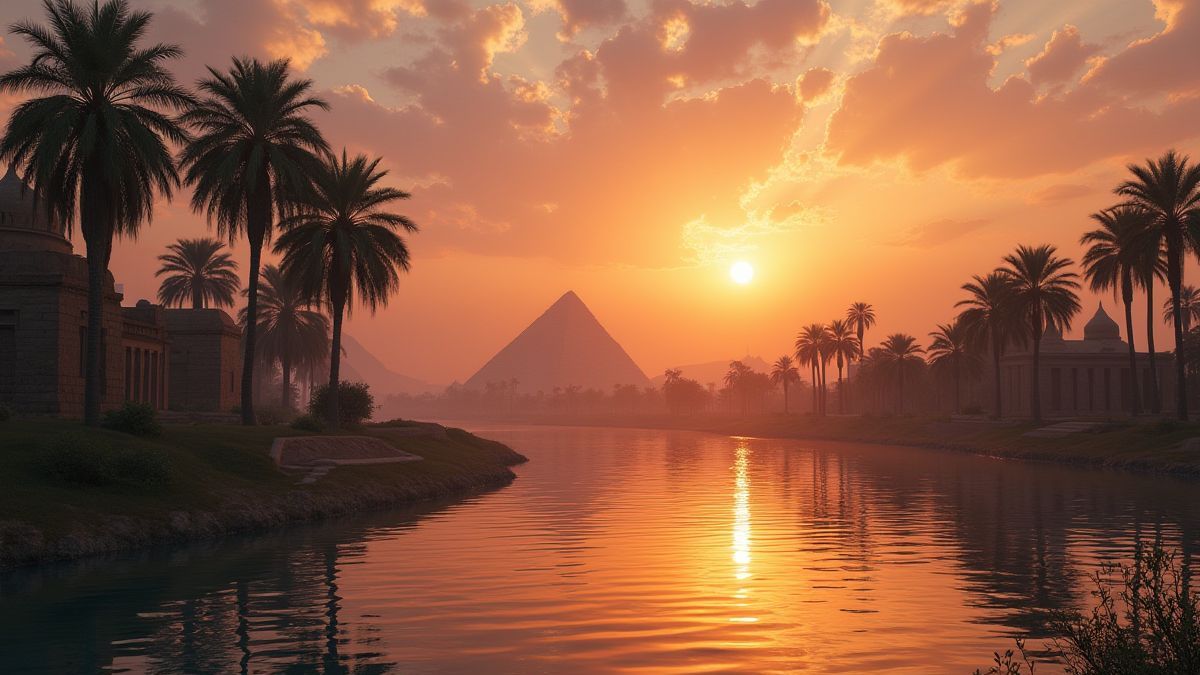 El río Nilo al anochecer, rodeado de palmeras y templos.