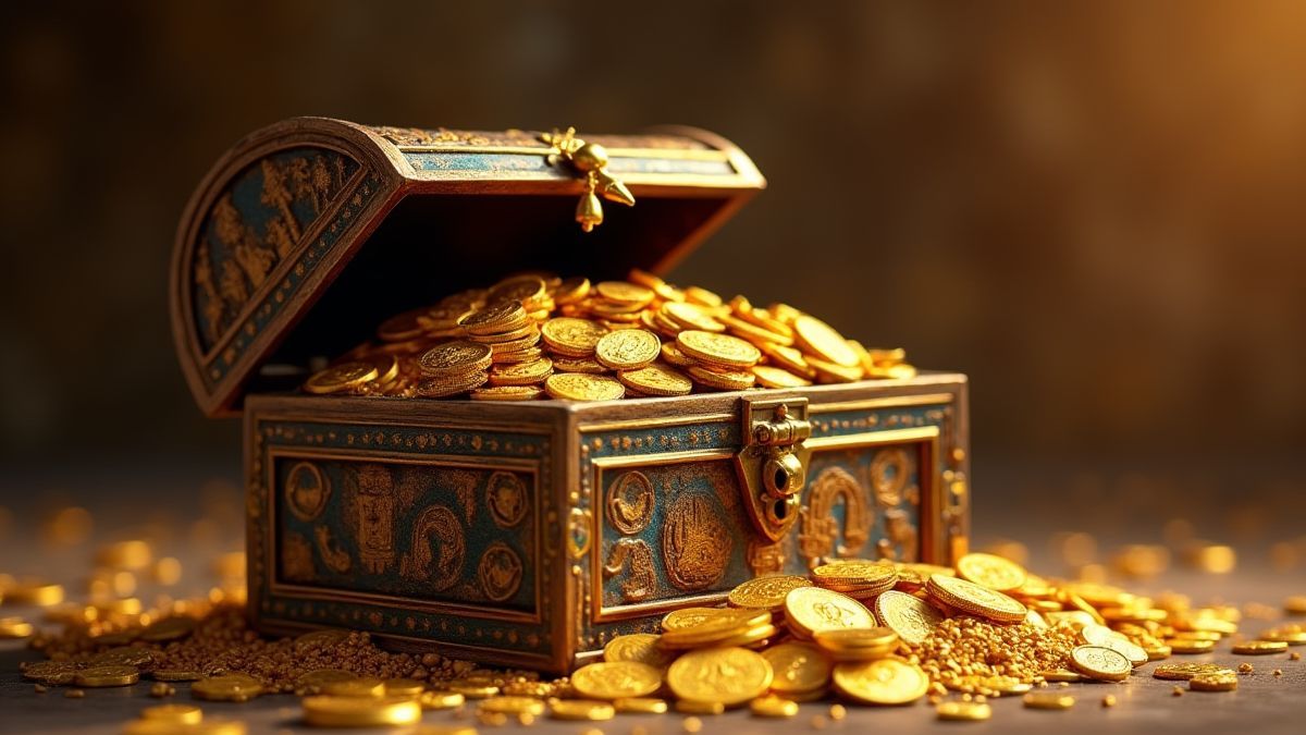 Cofre del tesoro egipcio lleno de monedas de oro y joyas.