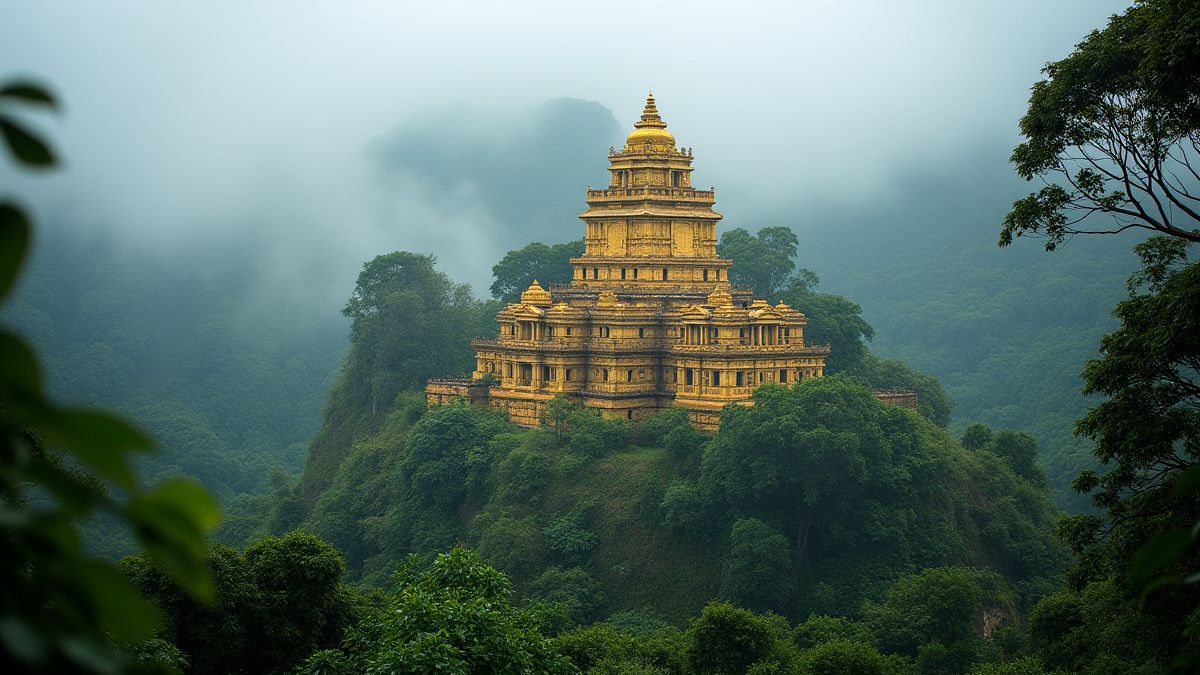 Temple doré inca entouré de végétation et de brouillard.