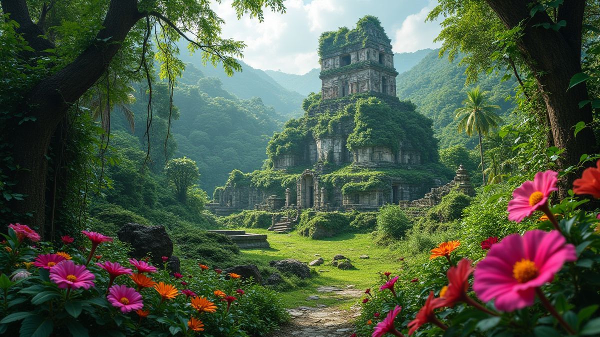 Jungle luxuriante avec des fleurs vibrantes et des ruines anciennes.