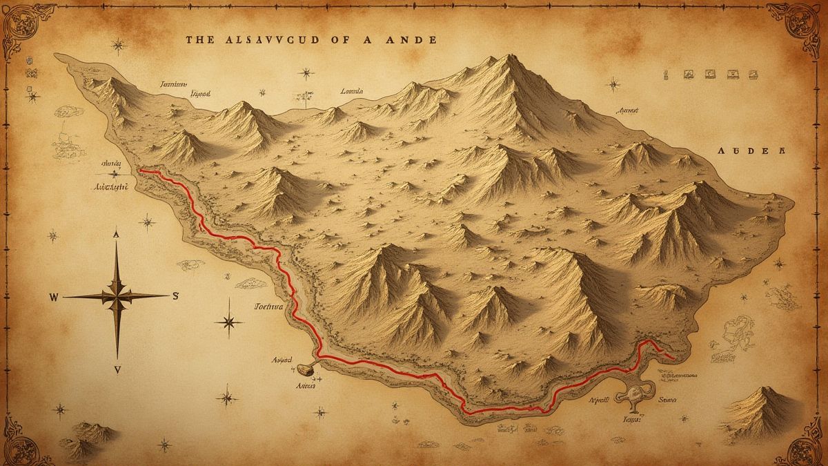 Carte ancienne montrant des chemins à travers les Andes avec des marqueurs de trésors.