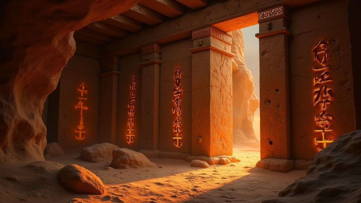 Een Egyptische tombe met lumineuze hiërogliefen en een woestijn op de achtergrond.