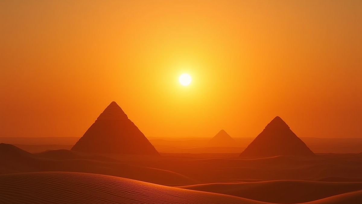Een gouden woestijn met piramides onder een stralende zonsondergang.