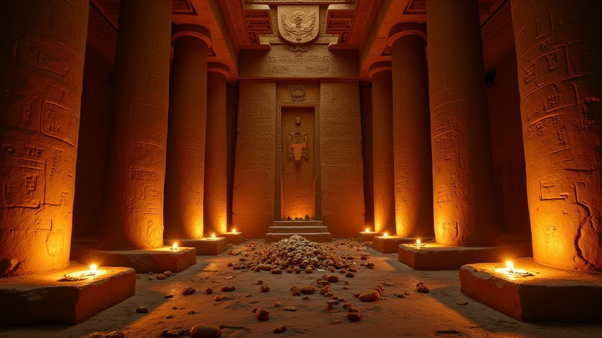 Ancient Egyptian tomb with glowing hieroglyphs.