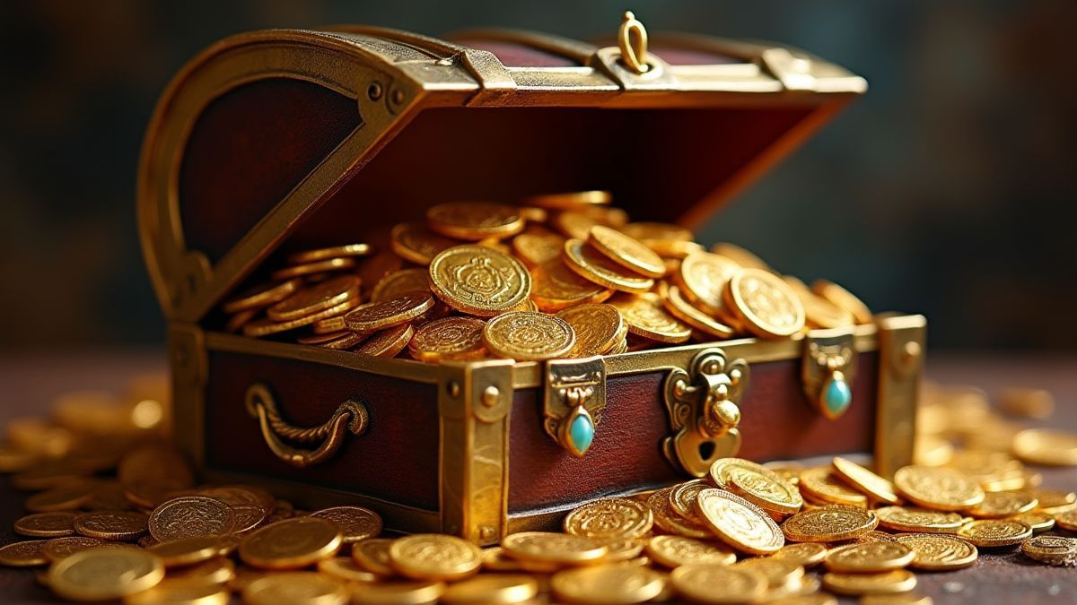Treasure chest overflowing with gold coins and jewels.