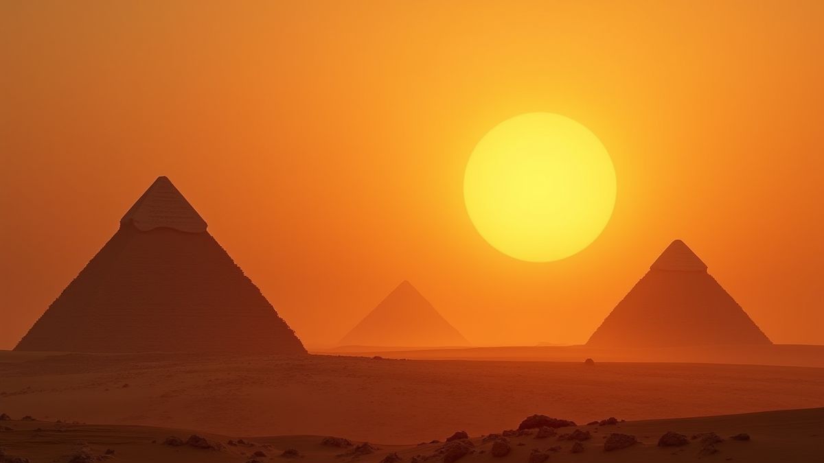 Paisaje egipcio con pirámides y un atardecer brillante.