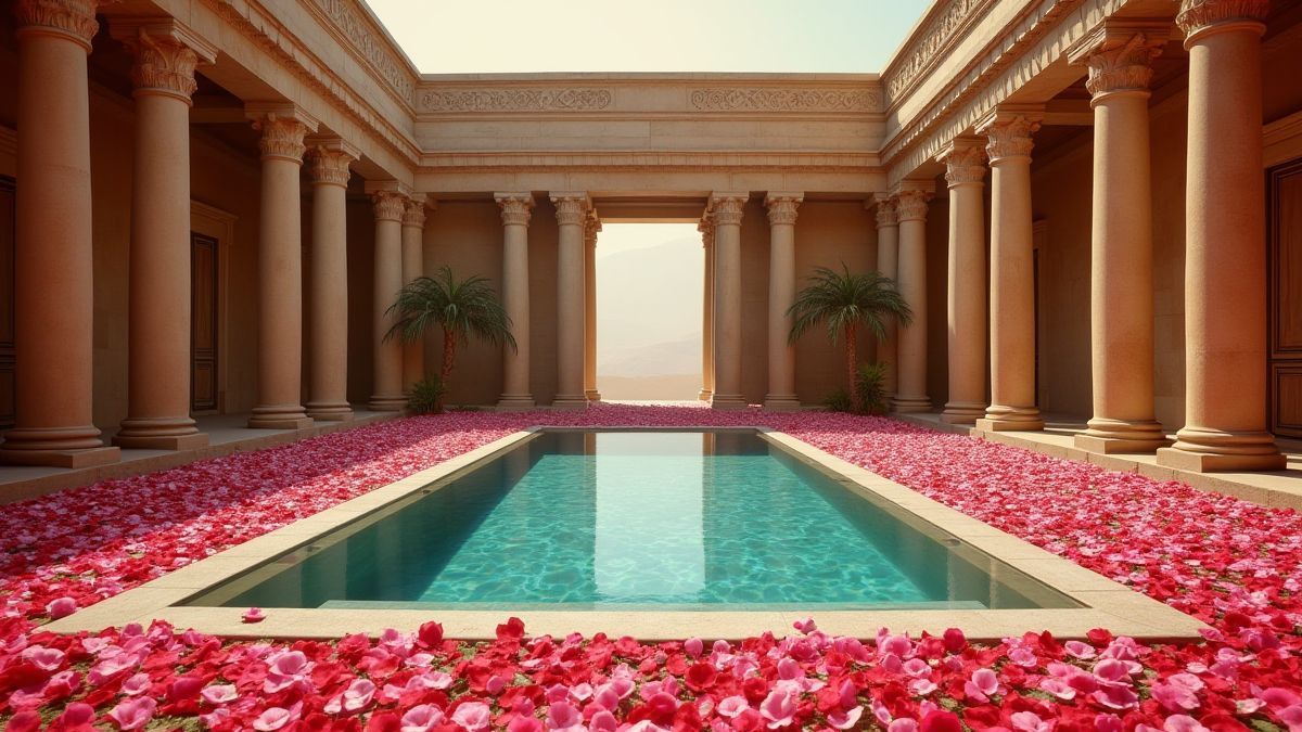 Piscina de templo egípcio com pétalas de rosa.