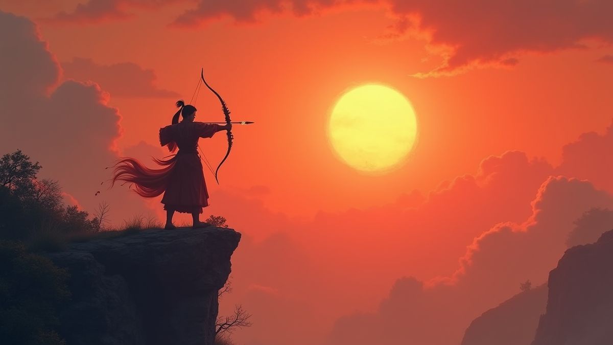 Chinese archer aiming at the blazing sun