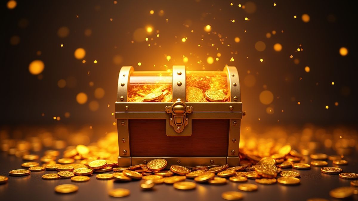 Treasure chest surrounded by golden coins