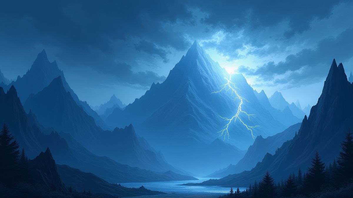 Paysage montagneux mystique avec des nuages de tempête et des éclairs.