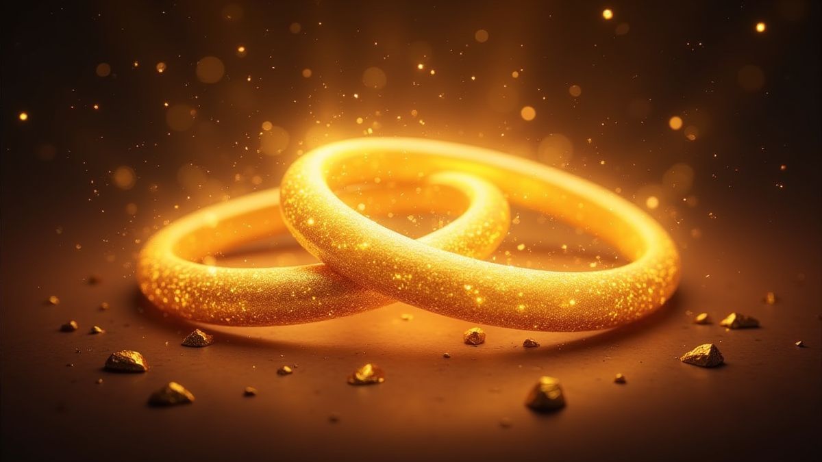 Anneaux dorés entourés de lumière mystique.