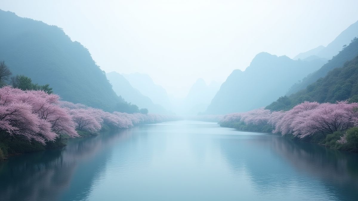 Chinese landscape with river and mountains