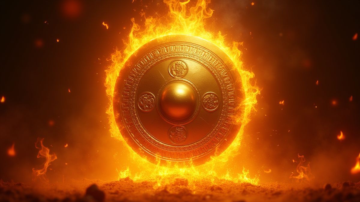 Gong dorado rodeado de fuego y símbolos místicos.