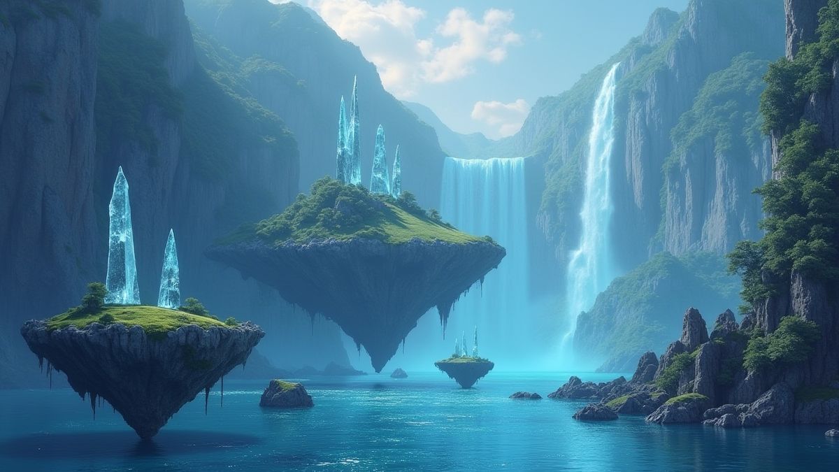 Zwevende eilanden met watervallen en schitterende kristallen.
