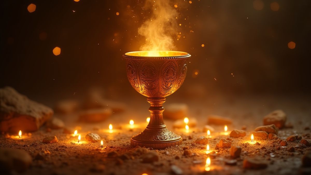 Ancient golden goblet surrounded by glowing lights.