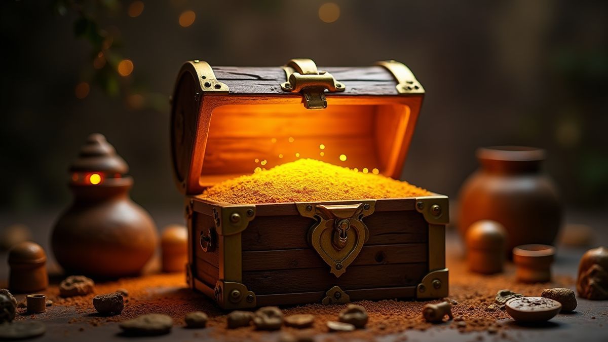 Shining treasure chest surrounded by ancient artifacts.