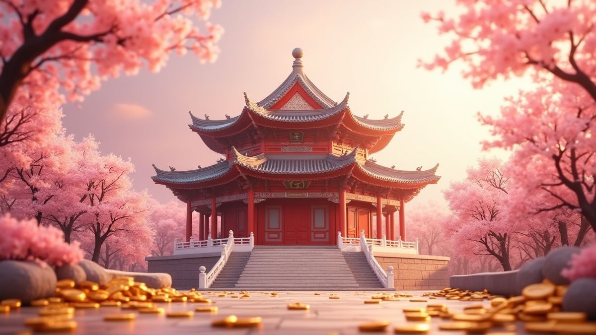 Ancient Chinese temple surrounded by cherry blossoms and golden coins.