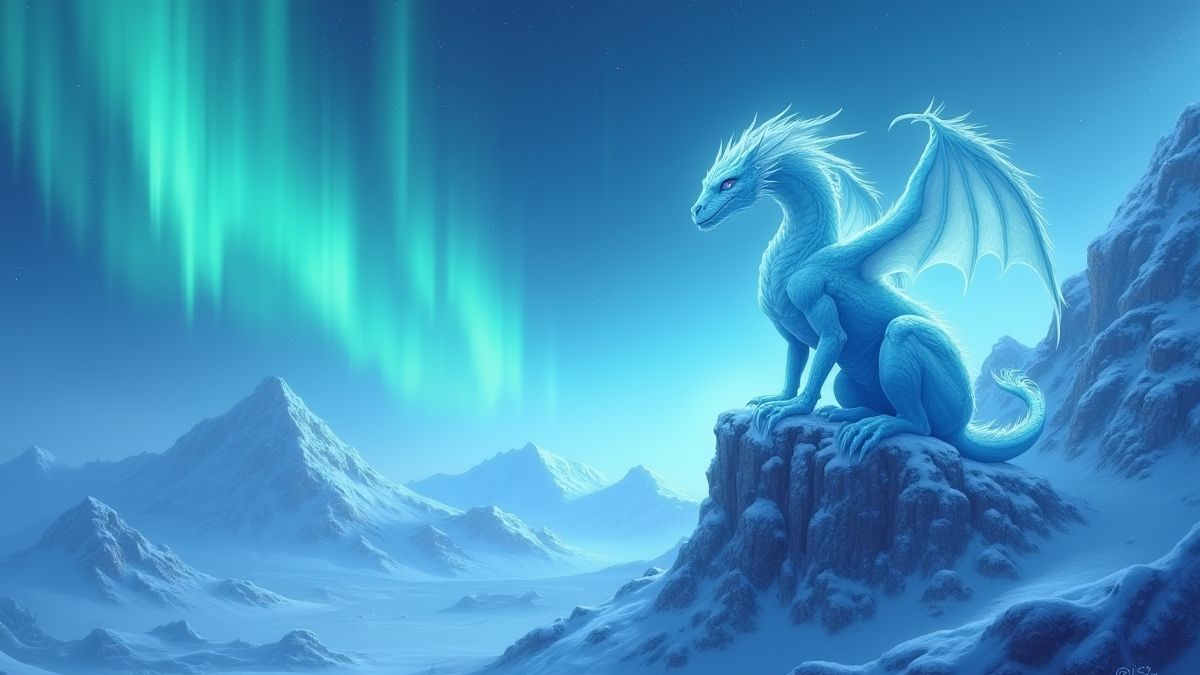 Icy dragon on frozen mountains under the aurora borealis.