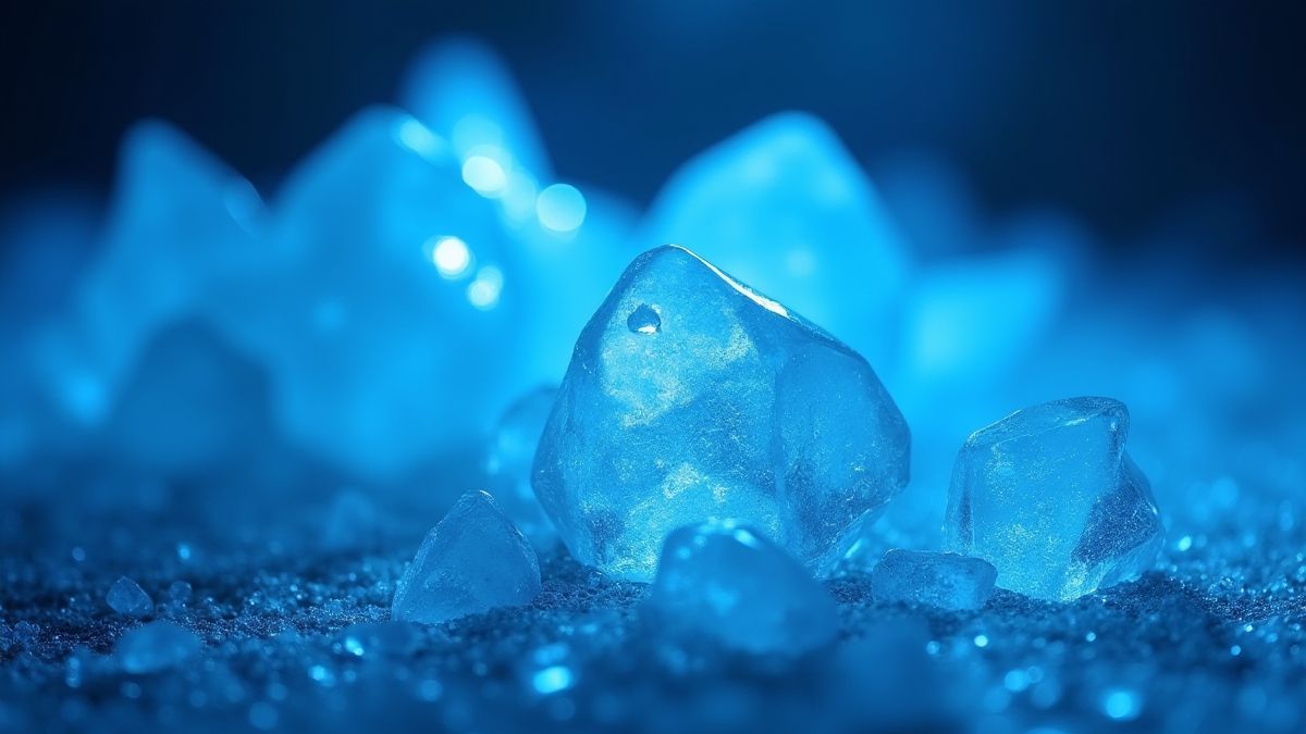Crystals and ice shards glowing under a magical blue light.
