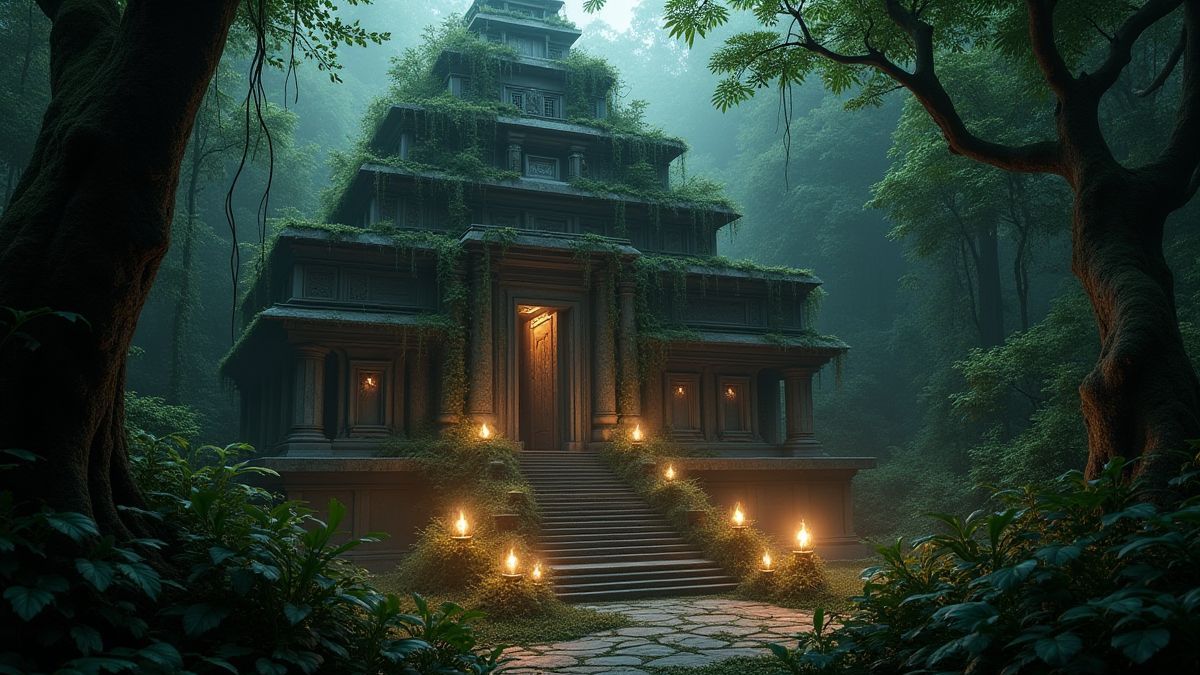 Ein antiker Tempel im Dschungel mit brennenden Fackeln