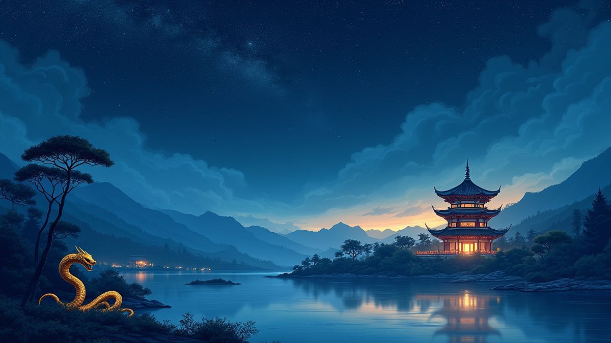 Un templo chino bajo un cielo estrellado junto a un lago.