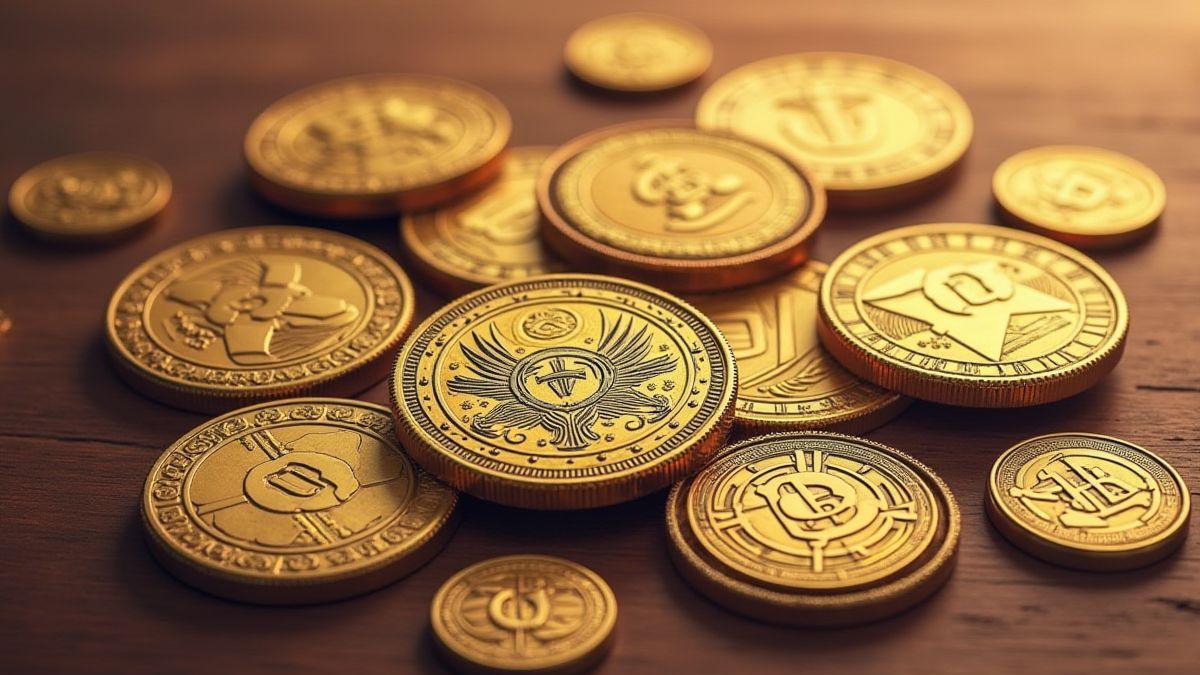 Monedas asiáticas sobre una mesa de madera.