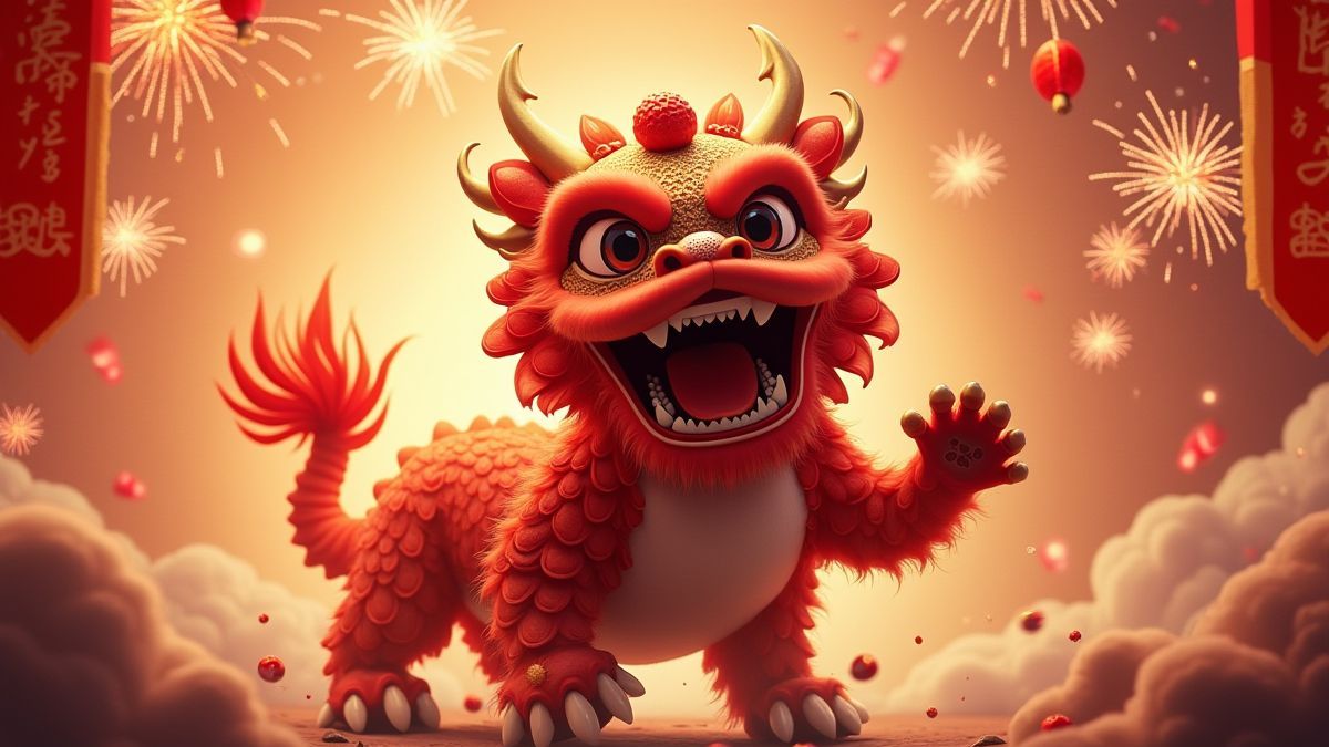 Mythisches Wesen inspiriert von der chinesischen Mythologie mit Feuerwerken und roten Bannern.