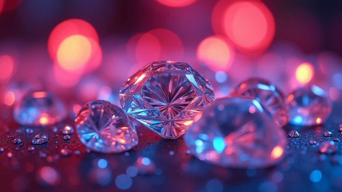 Brillantes diamantes rodeados de luces neón y símbolos de frutas.
