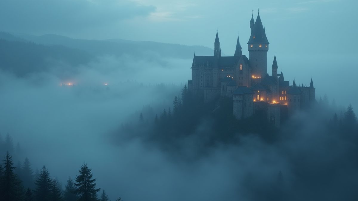 Castillo medieval envuelto en niebla mística.