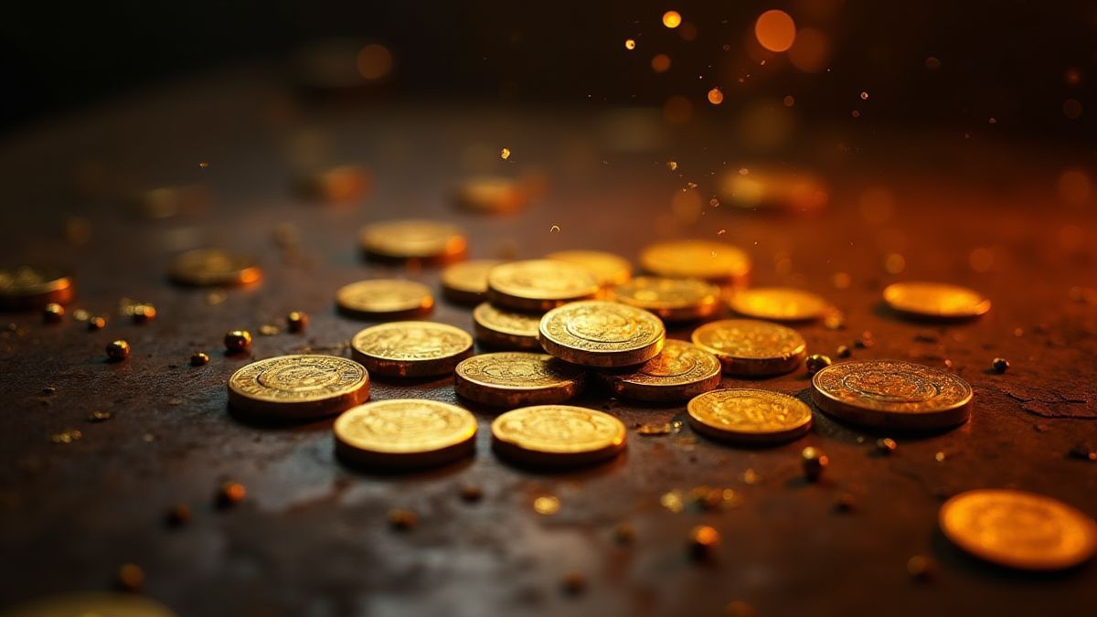 Monedas doradas en una mesa medieval iluminadas por un brillo mágico.