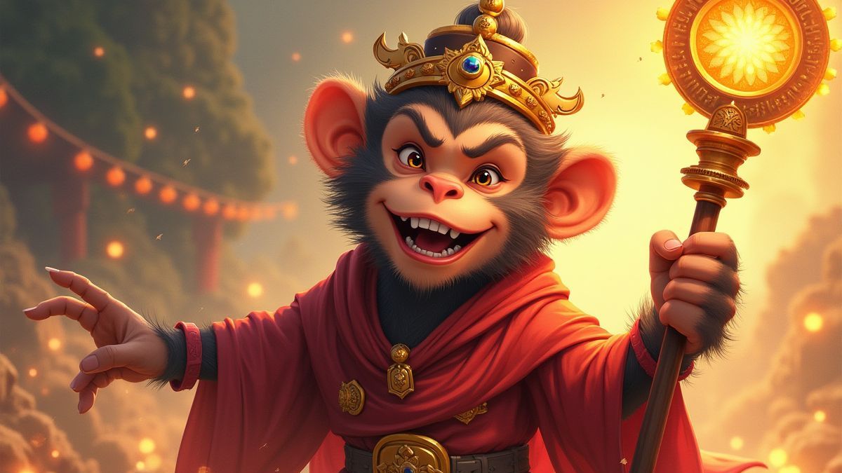 Ilustração do Rei Macaco com um bastão dourado e energia mística.