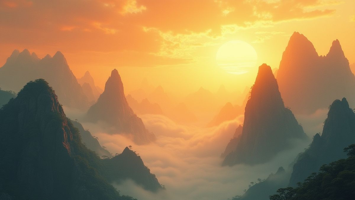 Paisagem épica de montanhas e céus dourados chineses.