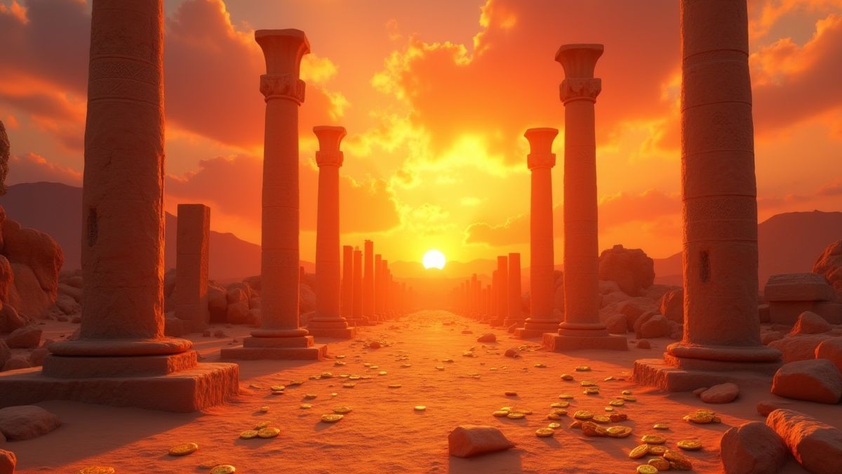 Pôr do sol no deserto sobre ruínas egípcias com moedas e artefatos dourados.