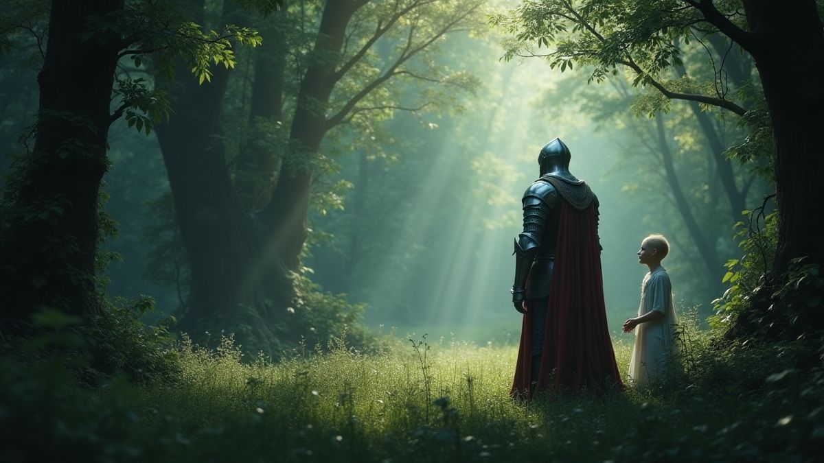 Un caballero junto a un elfo en un bosque mágico.