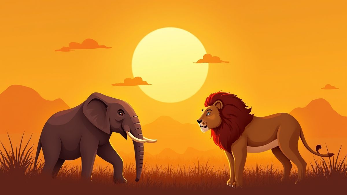 Lion et éléphant dans la savane africaine