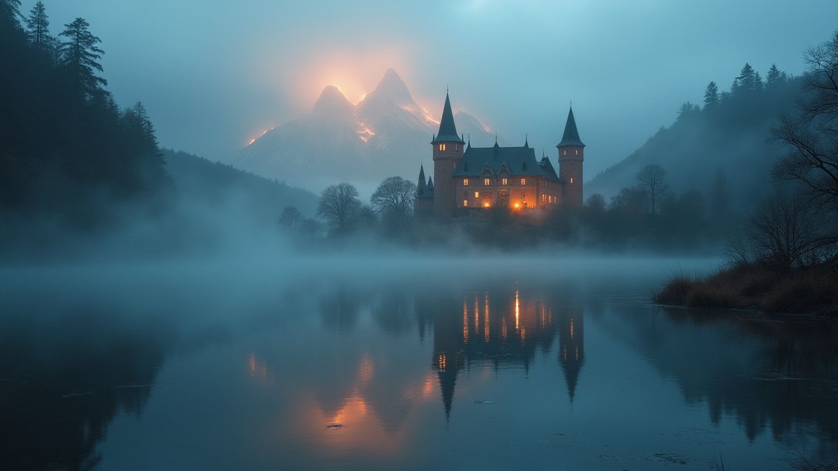 Een magisch meer met glanzende mist en een middeleeuws kasteel op de achtergrond.