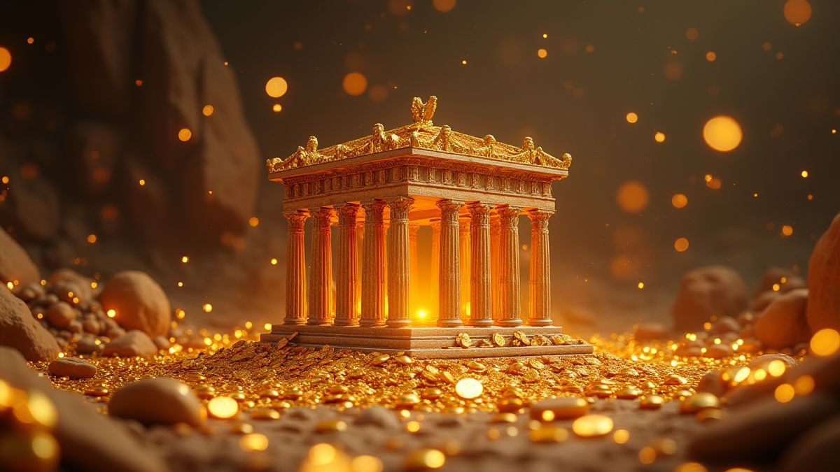 Temple grec entouré de pièces dorées et symboles brillants.