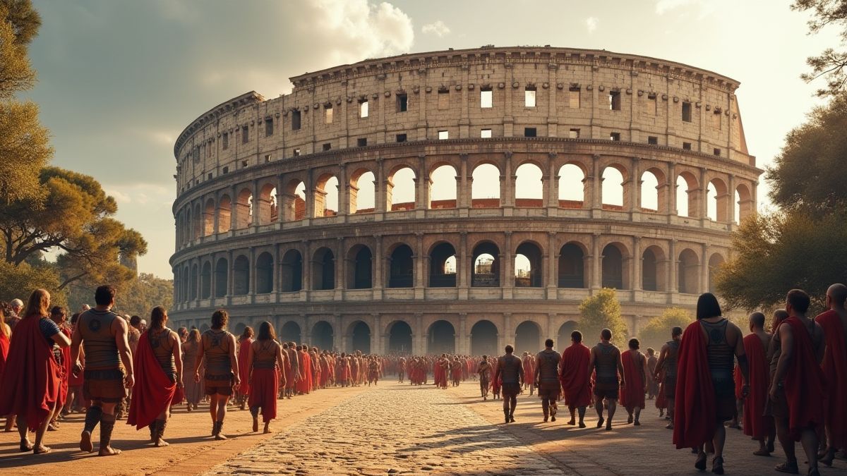 Arquitectura romana antigua con gladiadores caminando hacia el Coliseo.
