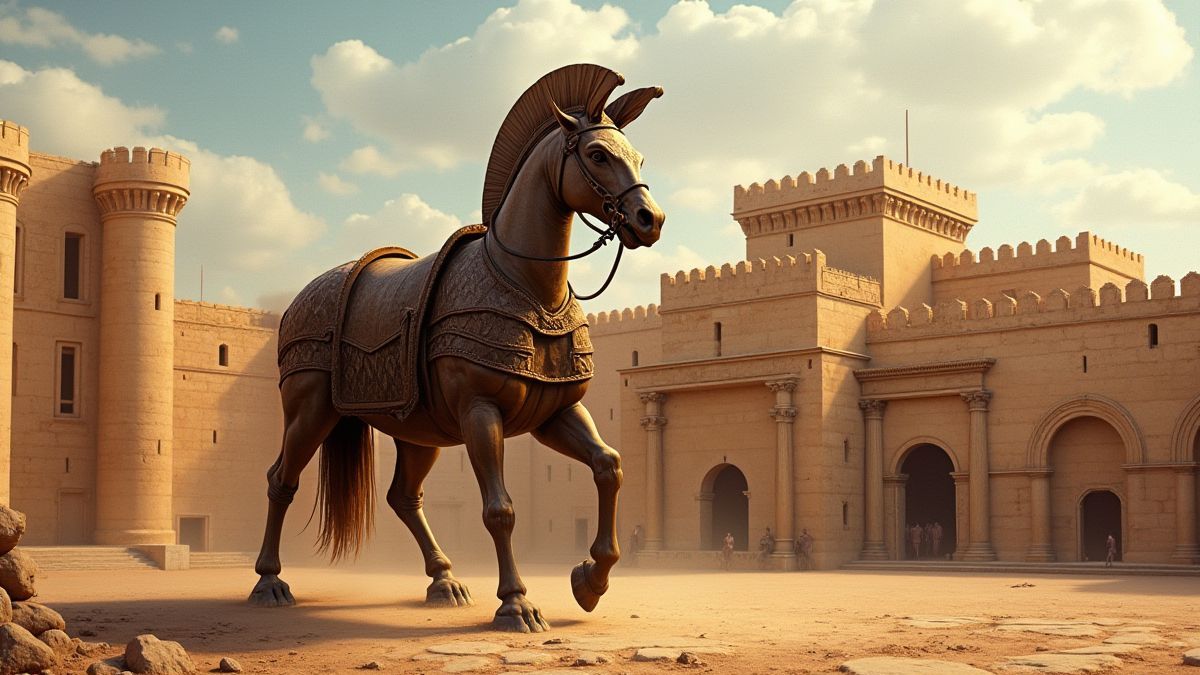 El caballo de Troya frente a las murallas de una ciudad antigua.