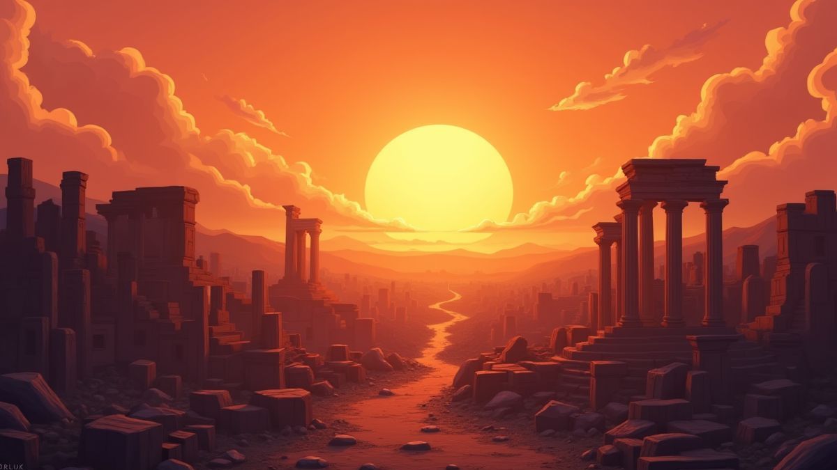 Ruinas de una ciudad antigua bajo un atardecer.