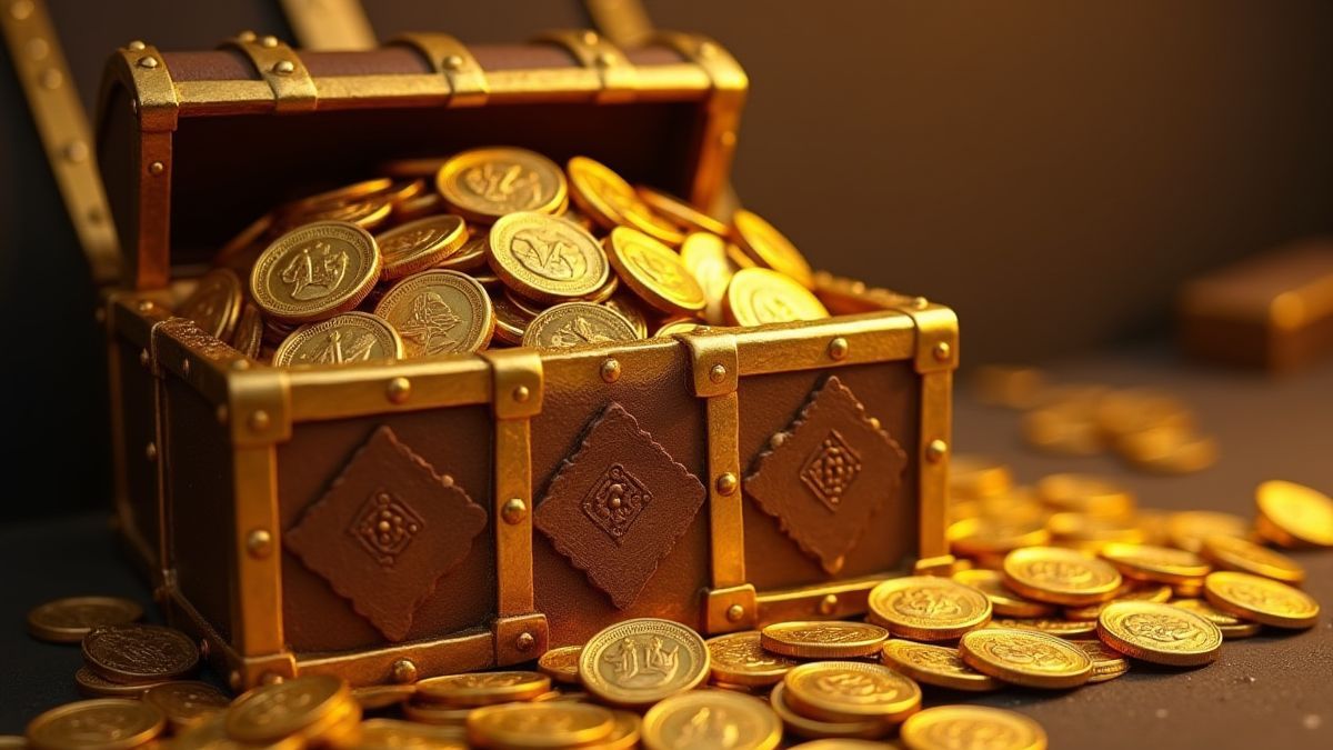 Gouden kisten vol munten en oude schatten.