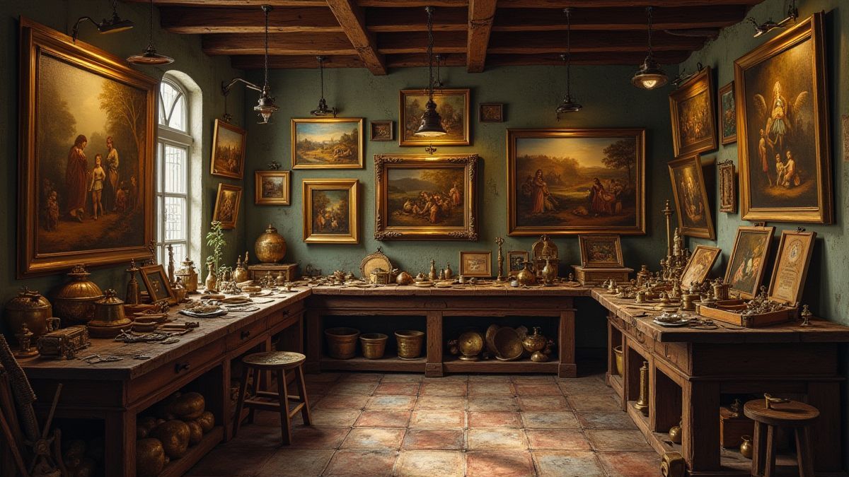 Atelier renacentiste avec engrenages dorés et peintures.