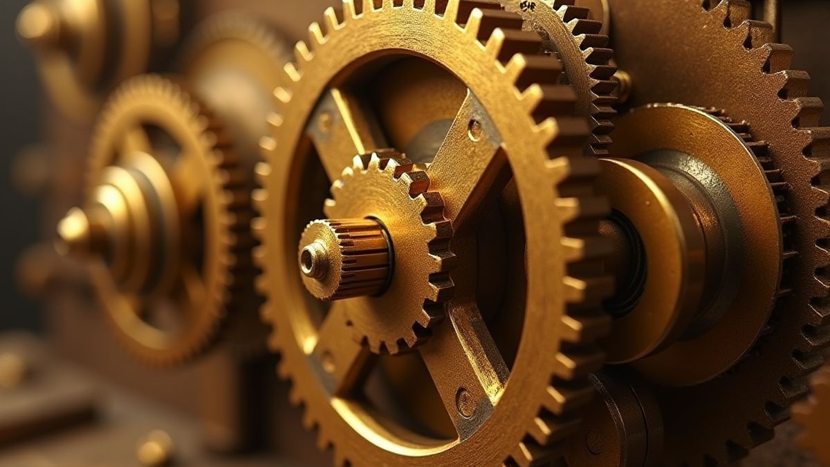 Engrenages dorés tournant dans un atelier renacentiste.