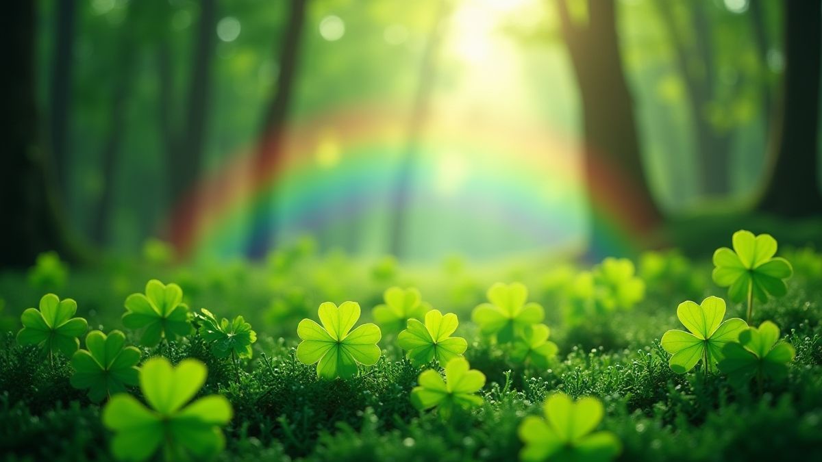 An Irish forest filled with four-leaf clovers and a bright rainbow.