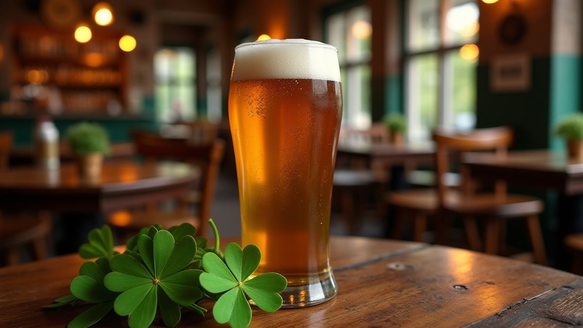 An Irish pub with wooden tables and decorative clovers.