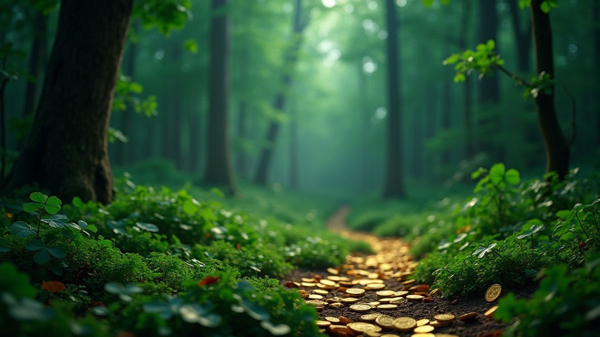 Forêt magique avec des trèfles brillants et des pièces d'or.