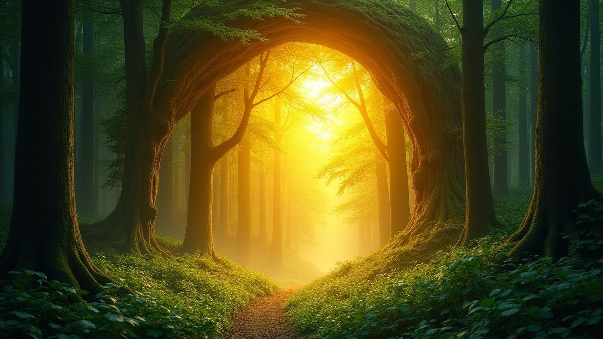 Coffre doré brillant dans une forêt verte.