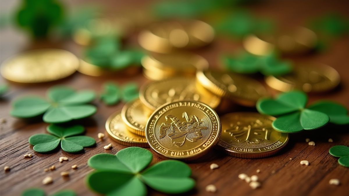 Pièces d'or et trèfles sur une table en bois.